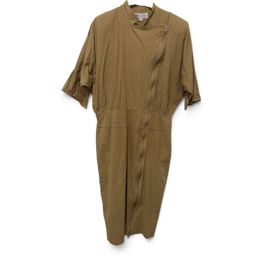 Vintage NEWS from California Asymmetrical Zip Midi Dress Tan Dolman Sleeve L